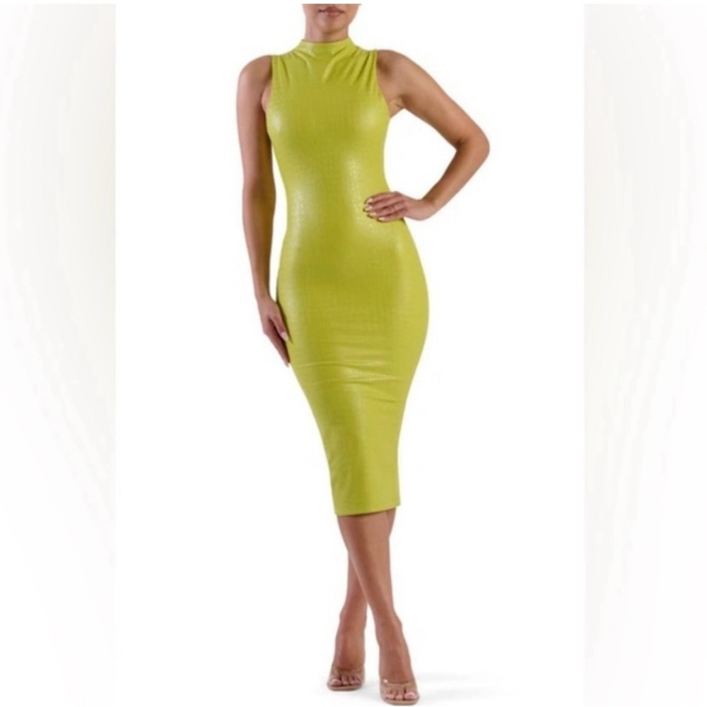 NWOT Naked Wardrobe Green Boss Croc Embossed Faux Leather Body-Con Dress
